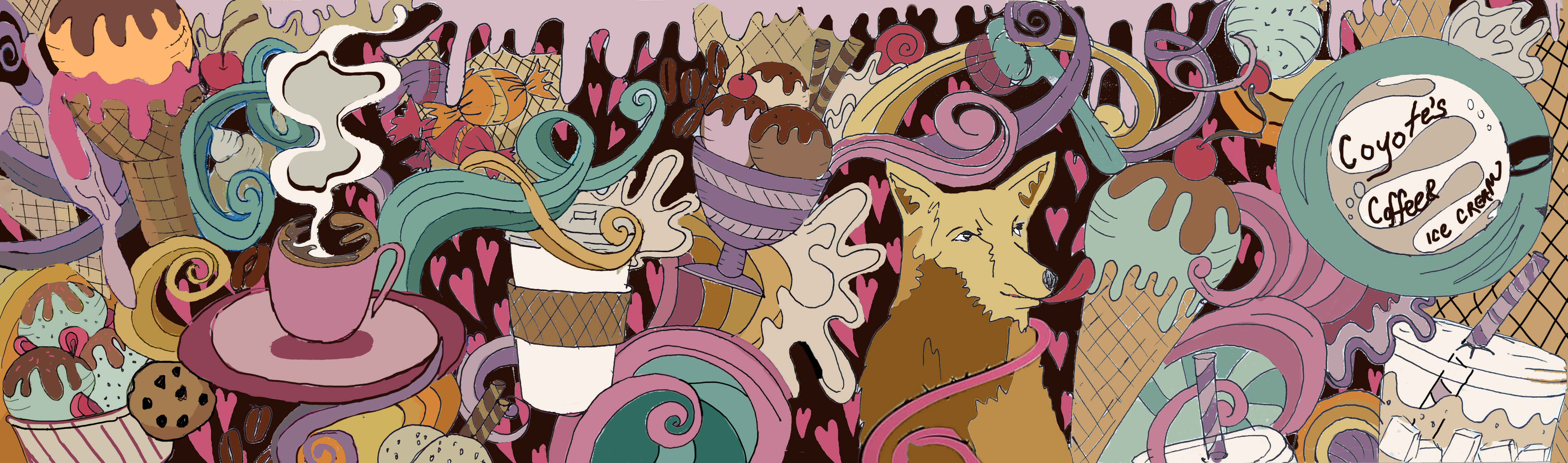 Illustrated mural featuring a coyote, coffee, ice cream, and swirling desert colors